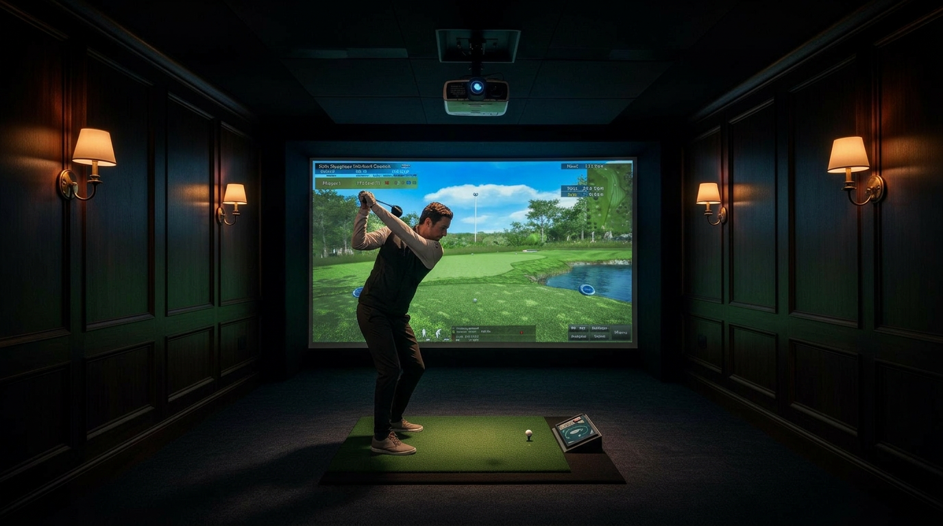 A golfer mid-swing inside an OTG simulator bay