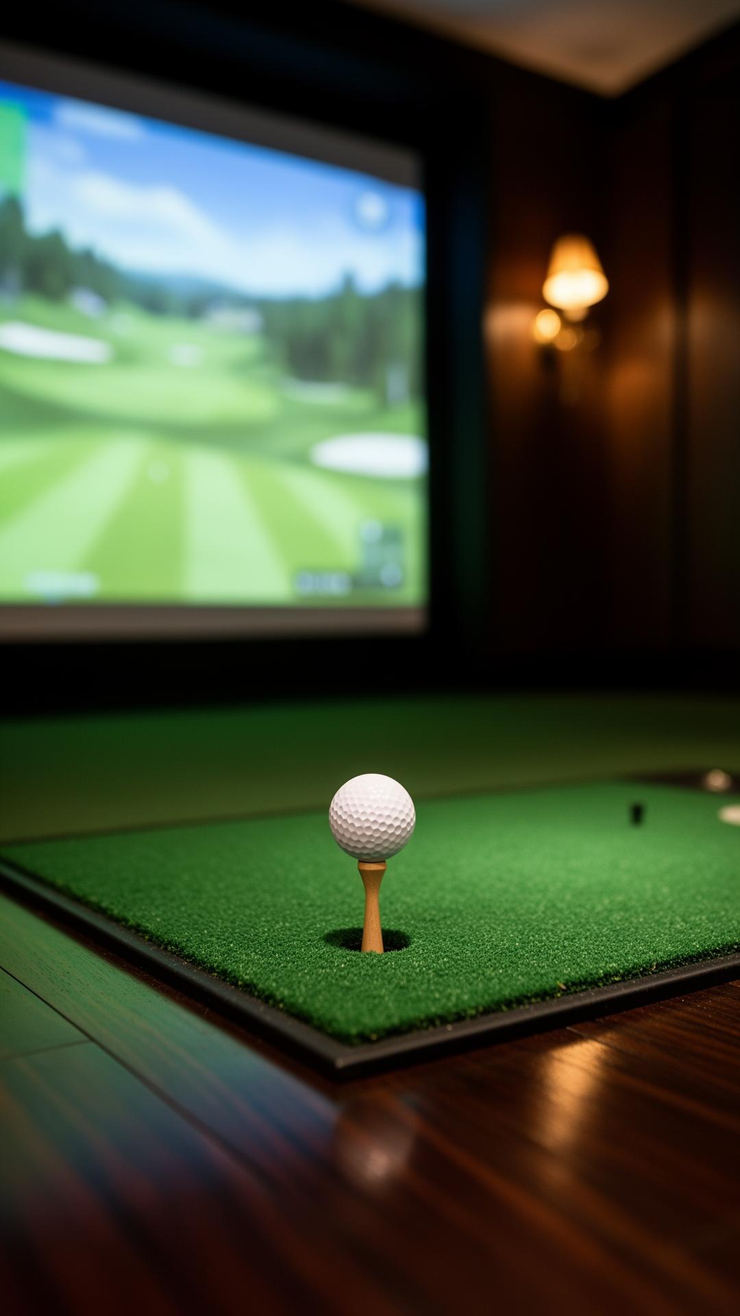 Golf ball on a tee inside a simulator bay